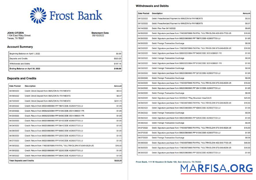 Downloadable USA Frost bank statement word 2 pages sample